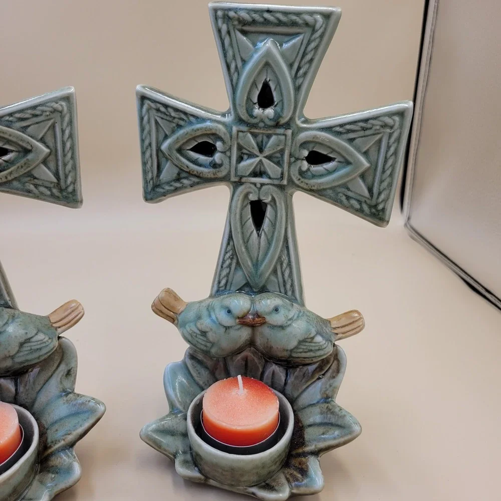 Celtic Cross Ceramic Candle Holder Set of 2 Blue Green Glaze with Birds Decor